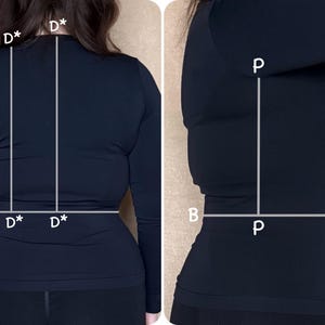 May include: Two views of a black long-sleeved top. The first view is from the back, showing the waist and shoulders. The second view is from the side, showing the waist and torso. White lines and letters are overlaid on the top.