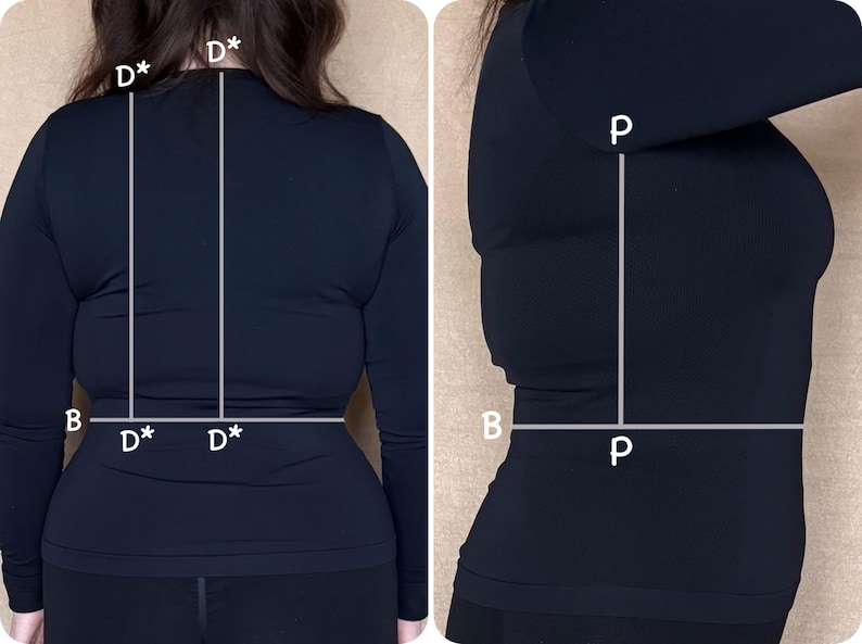 May include: Two views of a black long-sleeved top. The first view is from the back, showing the waist and shoulders. The second view is from the side, showing the waist and torso. White lines and letters are overlaid on the top.