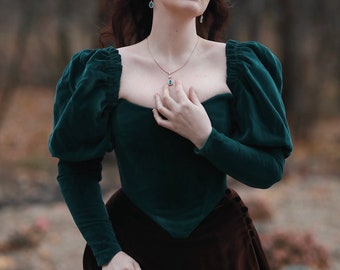 One-Layer 18th Century Inspired Velvet Corset Top "Royalty" - Overbust Corset Top With Detachable Puffy Sleeves - Elizabethan