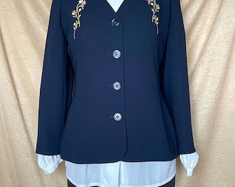 Vintage Navy Blue Blazer with collar embroidery - fitted jacket