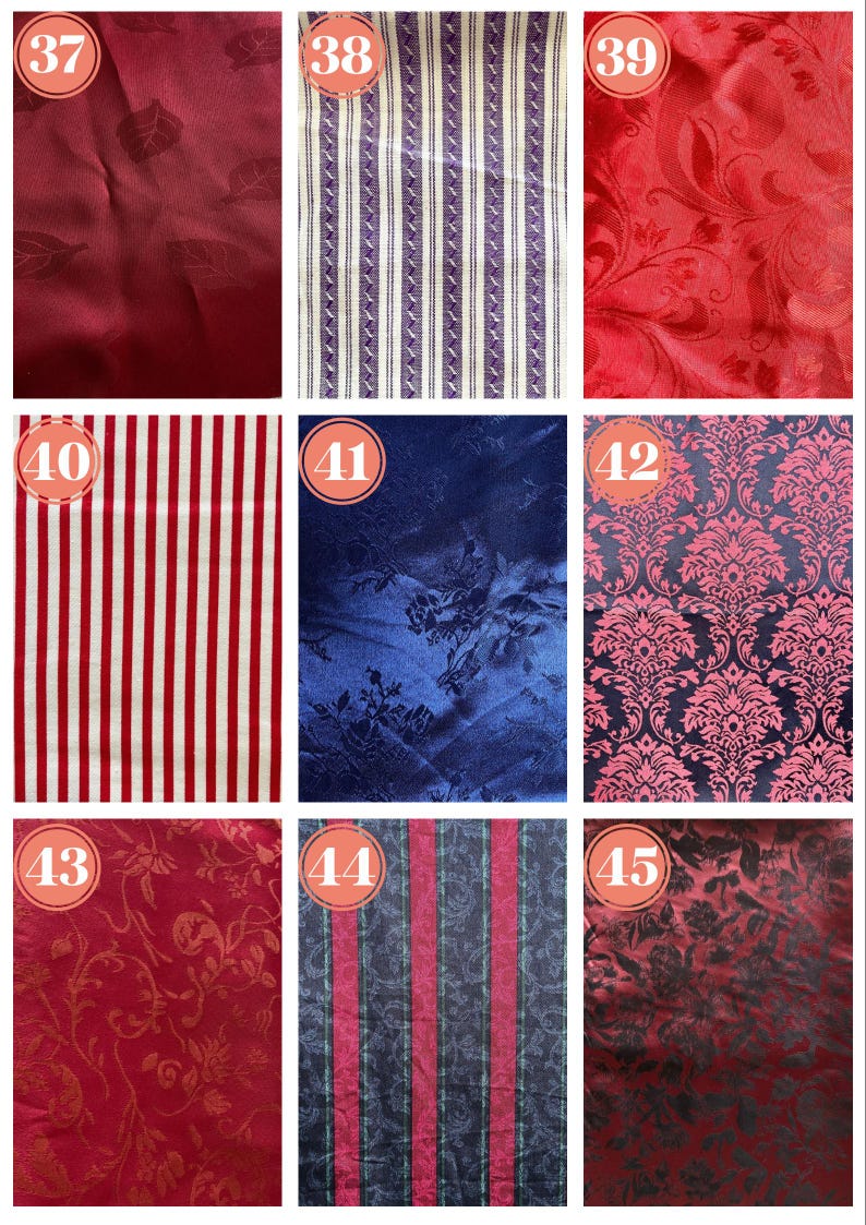 May include: A collection of fabric swatches featuring various patterns and textures. Includes a deep red leaf pattern, striped designs in purple and white, and red and white stripes. Other swatches showcase floral and damask patterns in red, blue, and black.