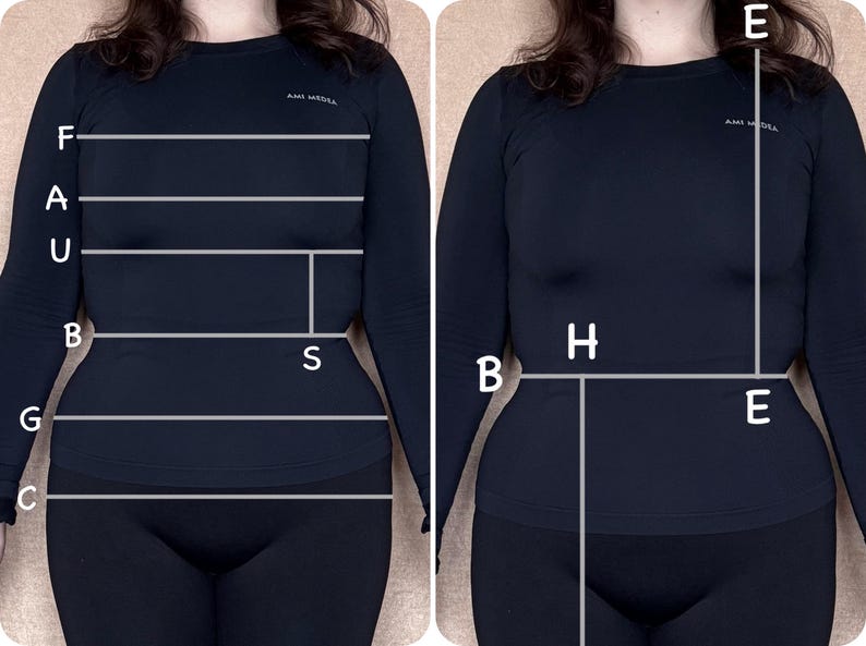 May include: Two images side-by-side showing a person wearing a long-sleeved navy blue top and black leggings. White lines and letters (A, B, C, E, F, G, H, S, U) are overlaid on the images, likely for measurement purposes. The text "AMI MEDIA" is visible on the top.