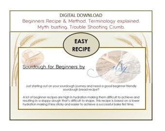 May include: Digital download for a sourdough bread recipe for beginners. The image features a graphic with wheat stalks, a loaf of bread, and the text "Easy Recipe". The text also includes "Sourdough for Beginners by" and a description of the recipe.