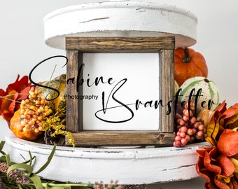 Styled Stock Photography "October Colors", Mockup-Digital File, 4x4 Rustic Square Tier Tray Wood Sign, Farmhouse Style Fall Mockup