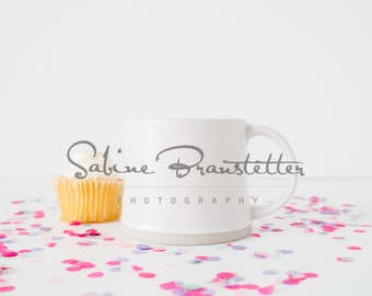 Styled Stock Photography "Cupcakes and Rainbows", Mockup-Digital File, White Coffee Mug with Cupcake and Confetti Mockup