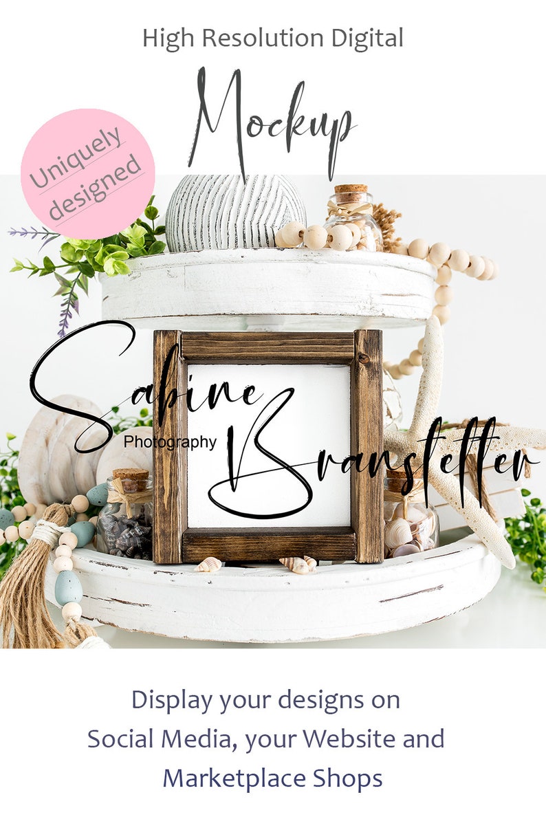 4x4 Rustic Wood Sign On Tier Tray With Beach Decor Farmhouse Photography Mock Up-Digital JPEG File Mockup Carina