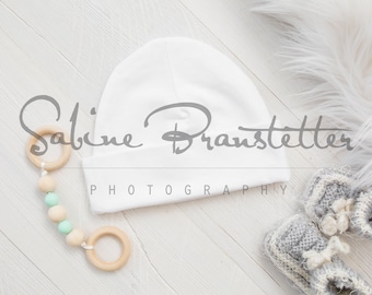 Styled Stock Fotografie "Cutie", Mockup-Digitale Datei, flach Lay weiß Unisex Neugeborenen Baby Cap/Hat Mockup