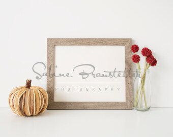 Styled Stock Photography "Pumpkin Spice", Mockup-Digital File, Horizontal Brown Wood Frame with Fall Decor Mockup
