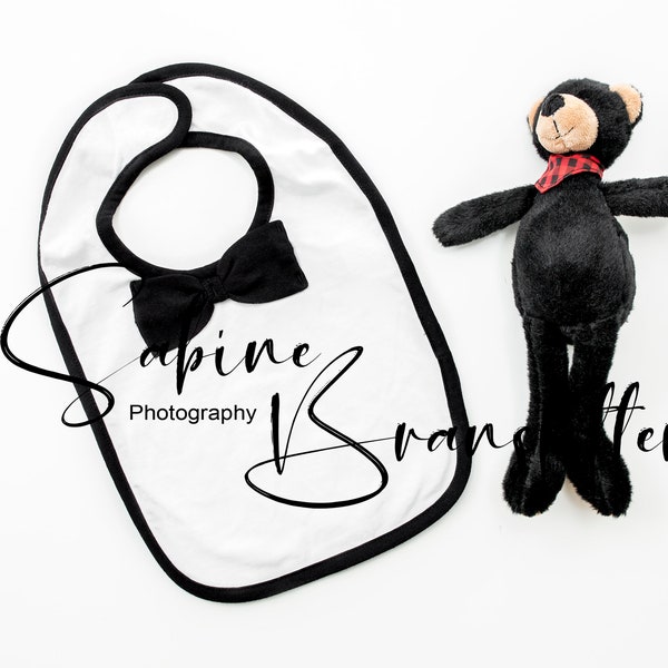 Styled Stock Photography "Mr. Man", Mockup-Digital File, Black And White Rabbit Skins Bow Tie, Baby Tuxedo Bib Mockup