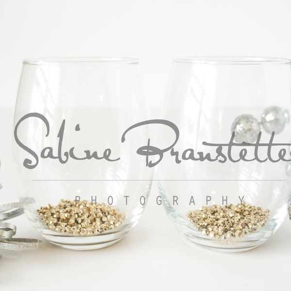 Styled Stock Photography "A Toast", Mockup-Digital File, Two Stemless Wine Glasses, New Year's Eve/Wedding/Party Mockup