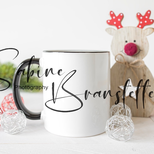 wit met zwarte handgreep 11oz kerst koffie mok mockup "Hot Coco", digitale JPEG-bestand