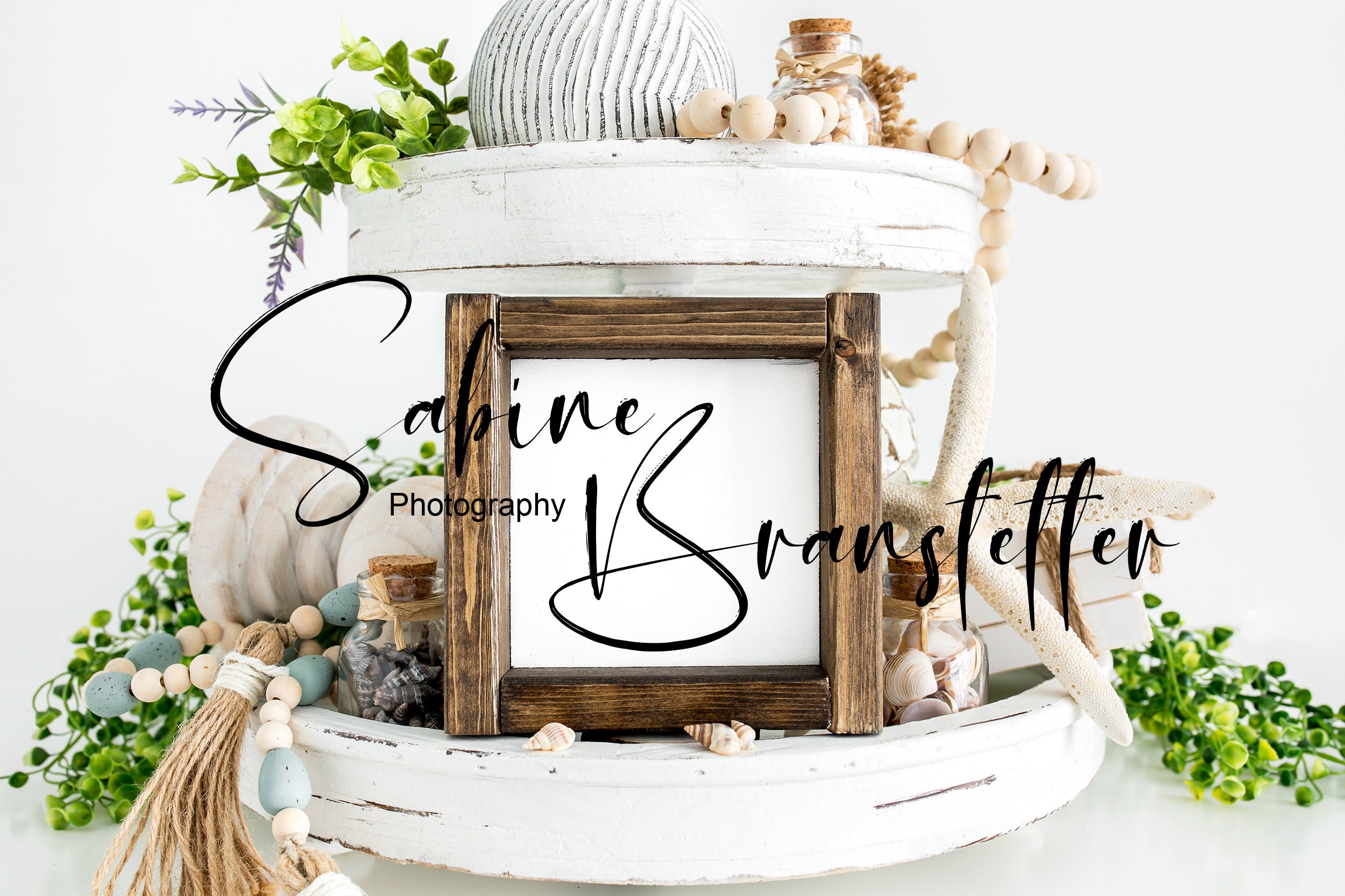 4x4 Rustic Wood Sign On Tier Tray With Beach Decor Farmhouse Photography Mock Up-Digital JPEG File Mockup Carina