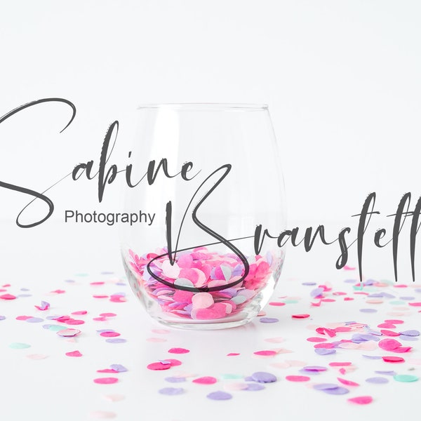 Styled Stock Photography "Confetti Fun", Mockup-Digital File,  Stemless Wine Glass with Pink Confetti on White Background Mockup