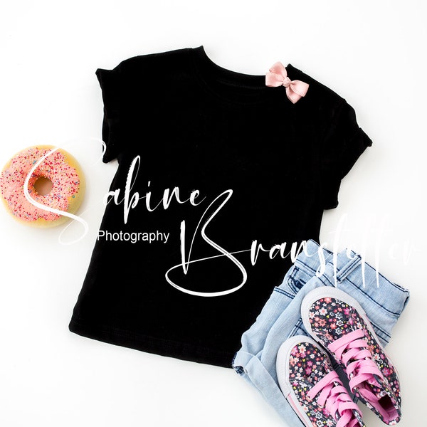 Styled Stock Photography "Doughnut Shop", Mockup-Digital File, Flat Lay Kids' Black T-Shirt, Fun Summer Girls' Apparel Mockup