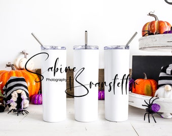 Mockup "Hexenbesen", Mock Up-Digital JPEG/PSD Photoshop File, 3 White Skinny Tumblers With Smart Object Layers , Halloween Drinkware