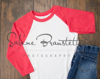 Styled Stock Photography "Ball Season", Mockup-Digital File, Flat Lay Raglan Red and White Toddler Baseball Shirt Mockup