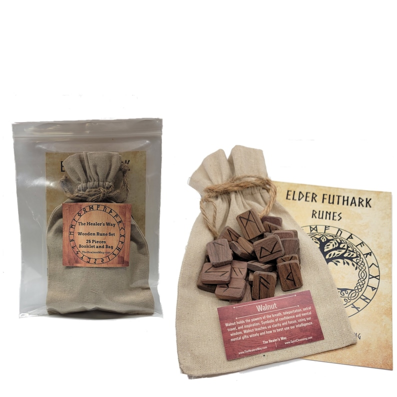 May include: A set of 25 walnut wood runes in a small burlap bag with a drawstring closure. The runes are engraved with Elder Futhark symbols. The set includes a booklet with information about the runes. The Healer's Way is printed on the bag and booklet.