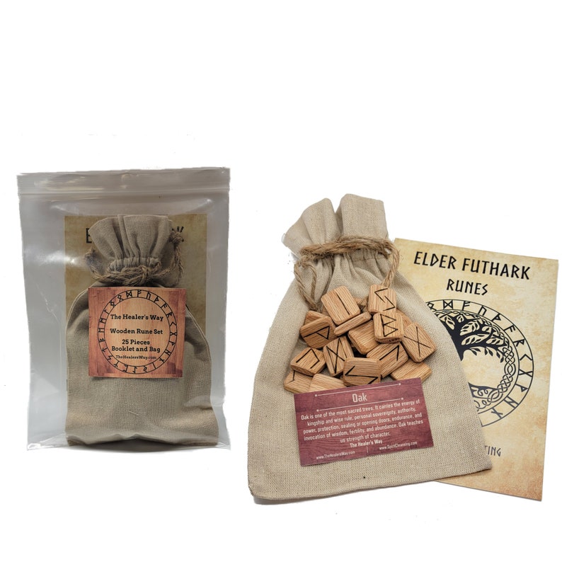 May include: A set of 25 wooden runes in a burlap bag with a booklet. The runes are engraved with Elder Futhark symbols and the bag has a label that says "The Healer's Way Wooden Rune Set 25 Pieces Booklet and Bag".