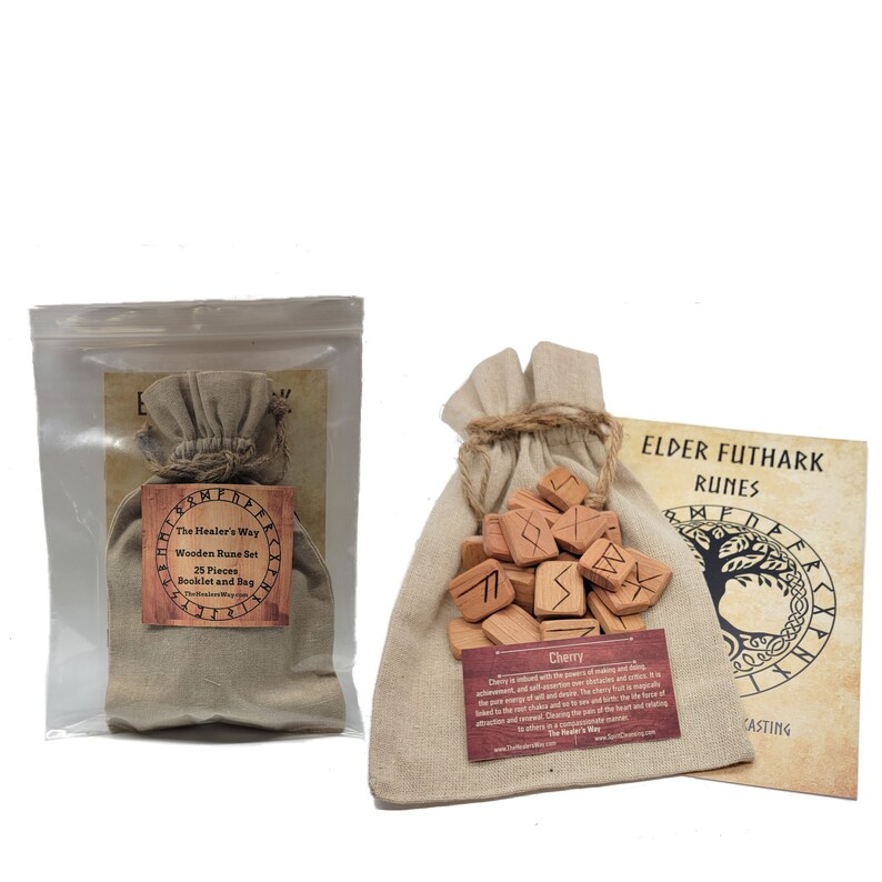 May include: A set of 25 wooden runes in a small burlap bag. The runes are cherry wood and have Elder Futhark runes carved on them. The set comes with a booklet and a bag. The Healer's Way is printed on the bag.