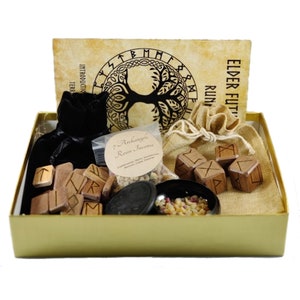 Wooden Runes Set with Matching Dice and Incense Kit Gift Box Combo-  Woodburned Elder Furthark Viking Runes for Divination and Healing