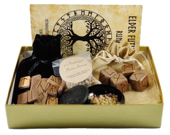 Wooden Runes Set with Matching Dice and Incense Kit Gift Box Combo-  Woodburned Elder Furthark Viking Runes for Divination and Healing