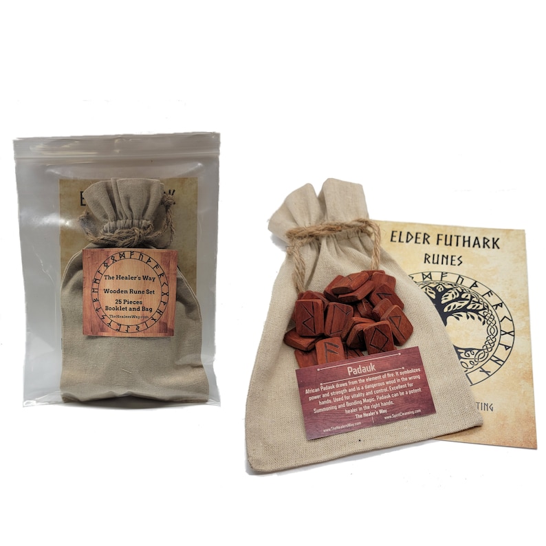 May include: A set of 25 wooden runes in a brown cloth bag with a booklet. The runes are made of Padauk wood and are used for divination and spiritual practices. The booklet is titled "Elder Futhark Runes" and includes information about the runes and their meanings.