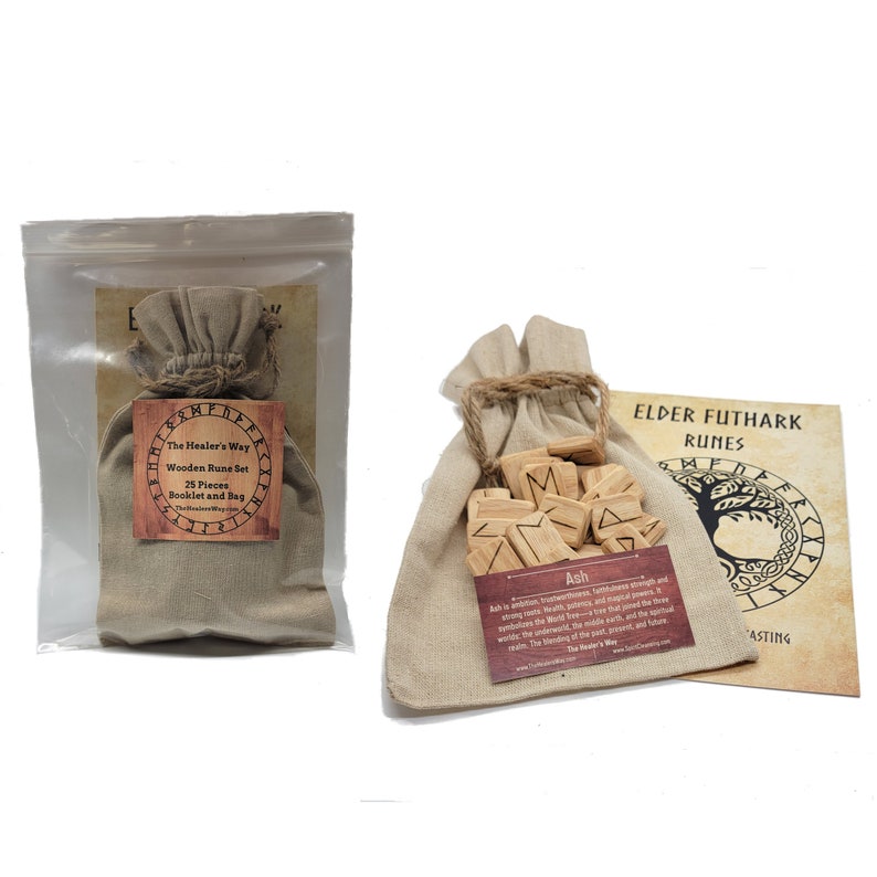 May include: A set of 25 wooden runes in a brown cloth bag with a booklet. The runes are inscribed with Elder Futhark symbols and the bag has a label that reads "The Healer's Way Wooden Rune Set 25 Pieces Booklet and Bag".