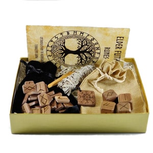 Wooden Runes Set with Matching Dice and Amulet Gift Box Combo-  Carved Elder Furthark Alphabet Viking Runes for Divination and Healing