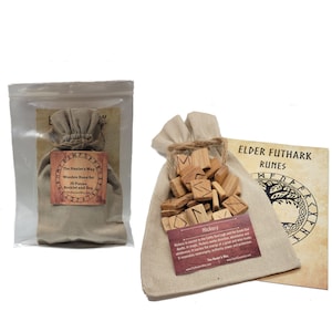 May include: A set of 25 wooden runes in a burlap bag with a booklet. The runes are made of hickory wood and are engraved with the Elder Futhark script. The booklet is titled "The Healer's Way" and includes information about the runes and their meanings.