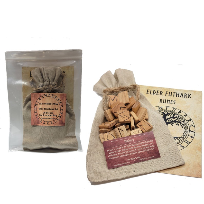 May include: A set of 25 wooden runes in a burlap bag with a booklet. The runes are made of hickory wood and are engraved with the Elder Futhark script. The booklet is titled "The Healer's Way" and includes information about the runes and their meanings.