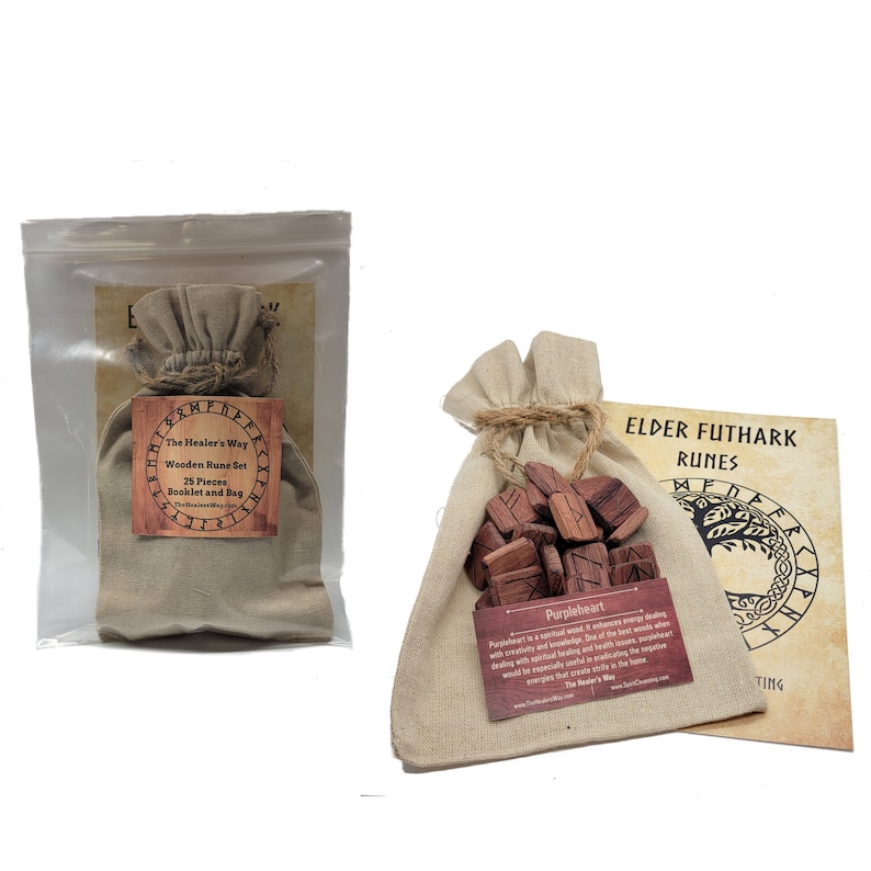 May include: A set of 25 wooden runes in a small burlap bag. The runes are made of purpleheart wood and have Elder Futhark runes carved on them. The set also includes a booklet with information about the runes. The Healer's Way Wooden Rune Set.