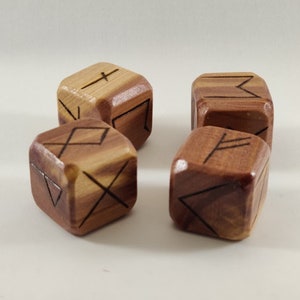 Wooden Runes Dice Set with woodburned Elder Furthark Viking Runes for Divination and Healing - Cedar, Pine, Birch, Hickory, Walnut, Oak