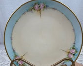 Haviland Limoges salad dessert plate painted by renowned artist, P kawalkowski, art deco style, beautiful shade of blue with pink roses