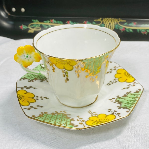 Melba Bone China flower handle tea cup, art deco english tea cup with figural floral handle, yellow and sage green art deco design,