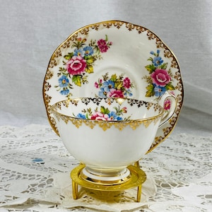Queen Anne Teacup and Saucer, fine bone china in pattern 4717, multi floral pattern with filigree, cottage core teacup