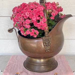 Antique Copper and brass coal scuttle with lion detail, blue and white ceramic handles. Cottage core home decor, brass home decoration