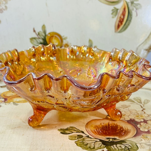 marigold carnival glass centerpiece bowl, Lustre Rose by Imperial Glass,  8" Ruffled Bowl 3 Footed Design, shabby chic vintage glass