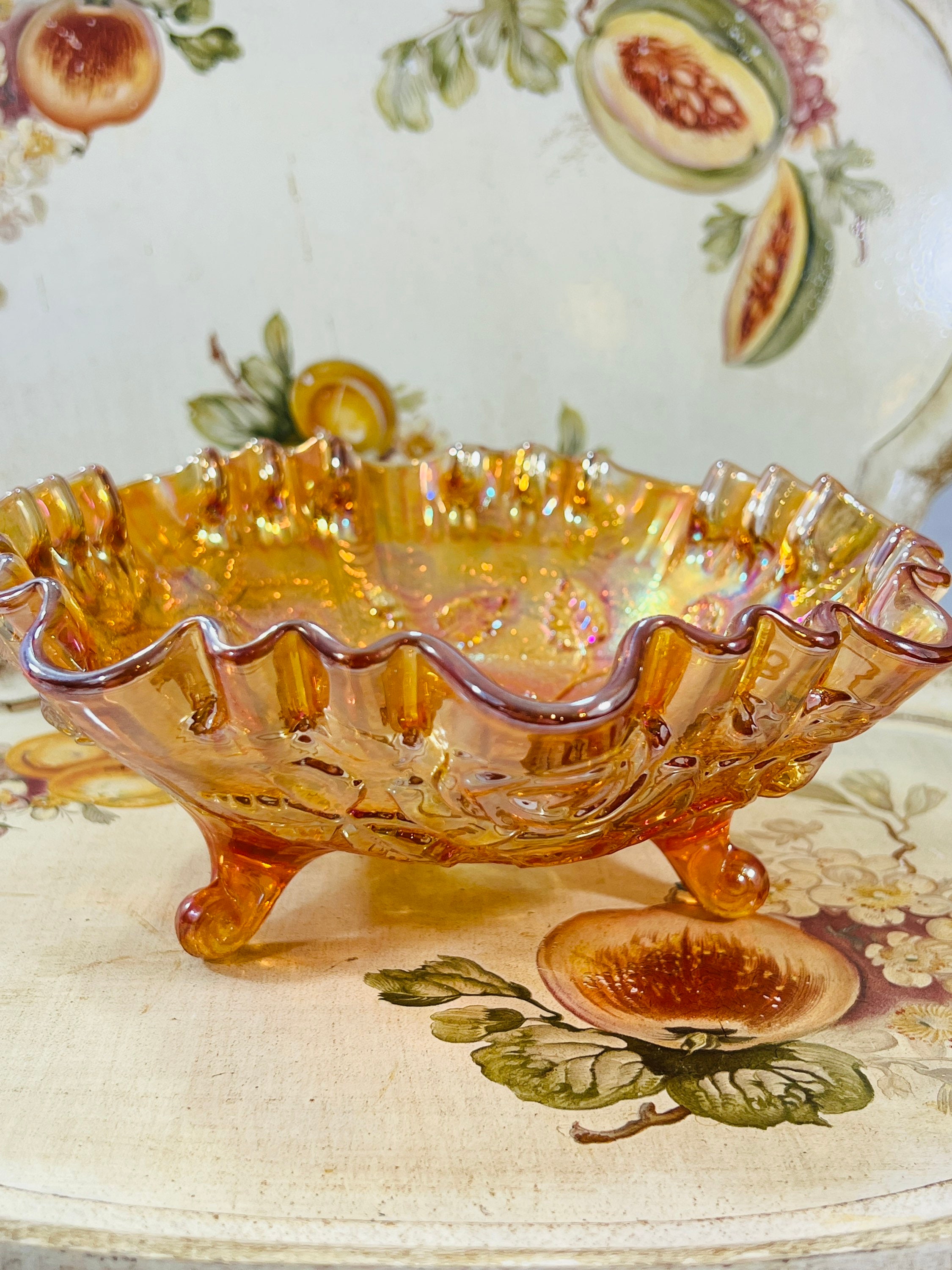 Marigold Carnival Glass Centerpiece Bowl, Lustre Rose by