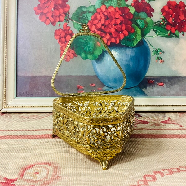 Metal vanity box or jewelry casket, gold tone filagree  box with padded interior, beveled glass top dresser box or tray