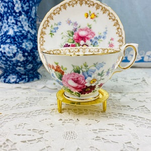 Crown Staffordshire Englands Bouquet teacup and Saucer Lovely Floral Set with J T Jones signature c1930, floral tea cup, bridal party