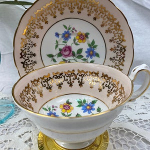 Westbrook  Teacup & Saucer, English Fine Bone, rare pink and gold teacup, wedding gift, shabby chic or cottage core style regency teacup