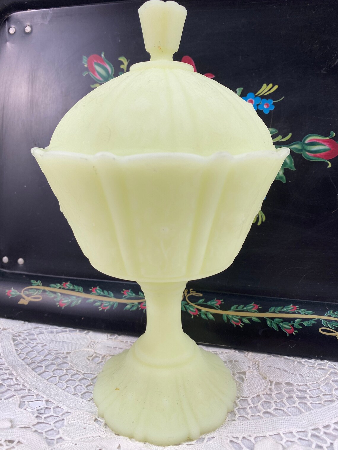 Fenton Yellow Satin Custard glass uranium glass pedestal Etsy