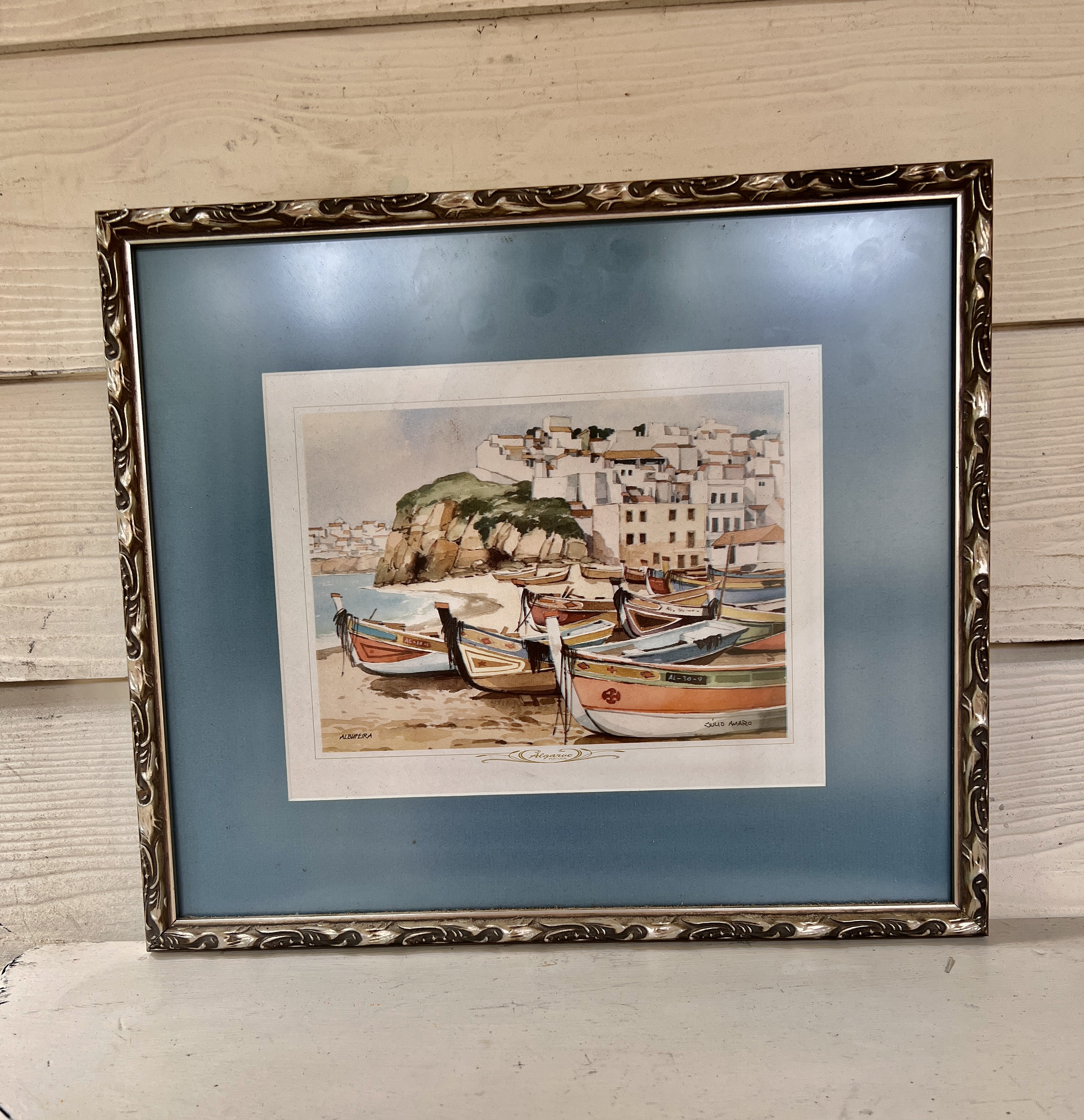Vintage Julio Amaro Watercolor Print: Algarve Portugal Harbor