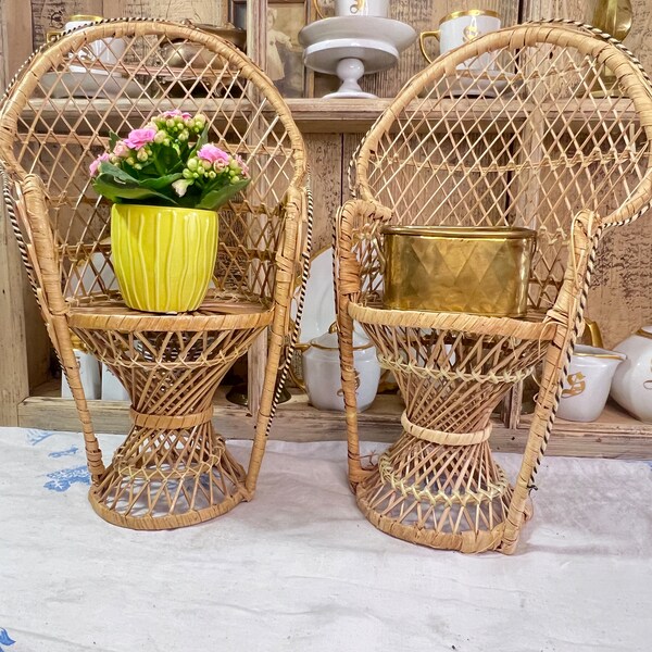 Vintage Wicker Peacock Chairs: Set of Two Boho Plant Stands, Vintage Wicker Fan Chairs, Mini Peacock, 70s Doll Chairs, boho wall art