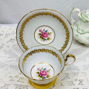 Aynsley Powder Blue and Pink Rose Center Floral Teacup & Saucer Set,Aynsley Teacup, pattern 7923, duck egg blue with open rose and gilding