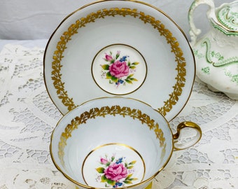 Aynsley Powder Blue and Pink Rose Center Floral Teacup & Saucer Set,Aynsley Teacup, pattern 7923, duck egg blue with open rose and gilding