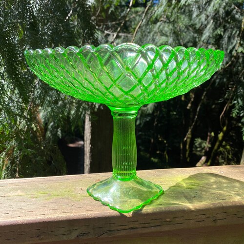 Trellis pattern green shops Glass pedestal compote Dish by LE Smith/ footed Fruit stand, pedestal server Vintage Wedding/ Tea Party Bridal Shower