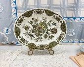 Vintage Ridgway Windsor Green oval serving platter. Birds butterflies floral transfer ware toile design made in England, ironstone serving