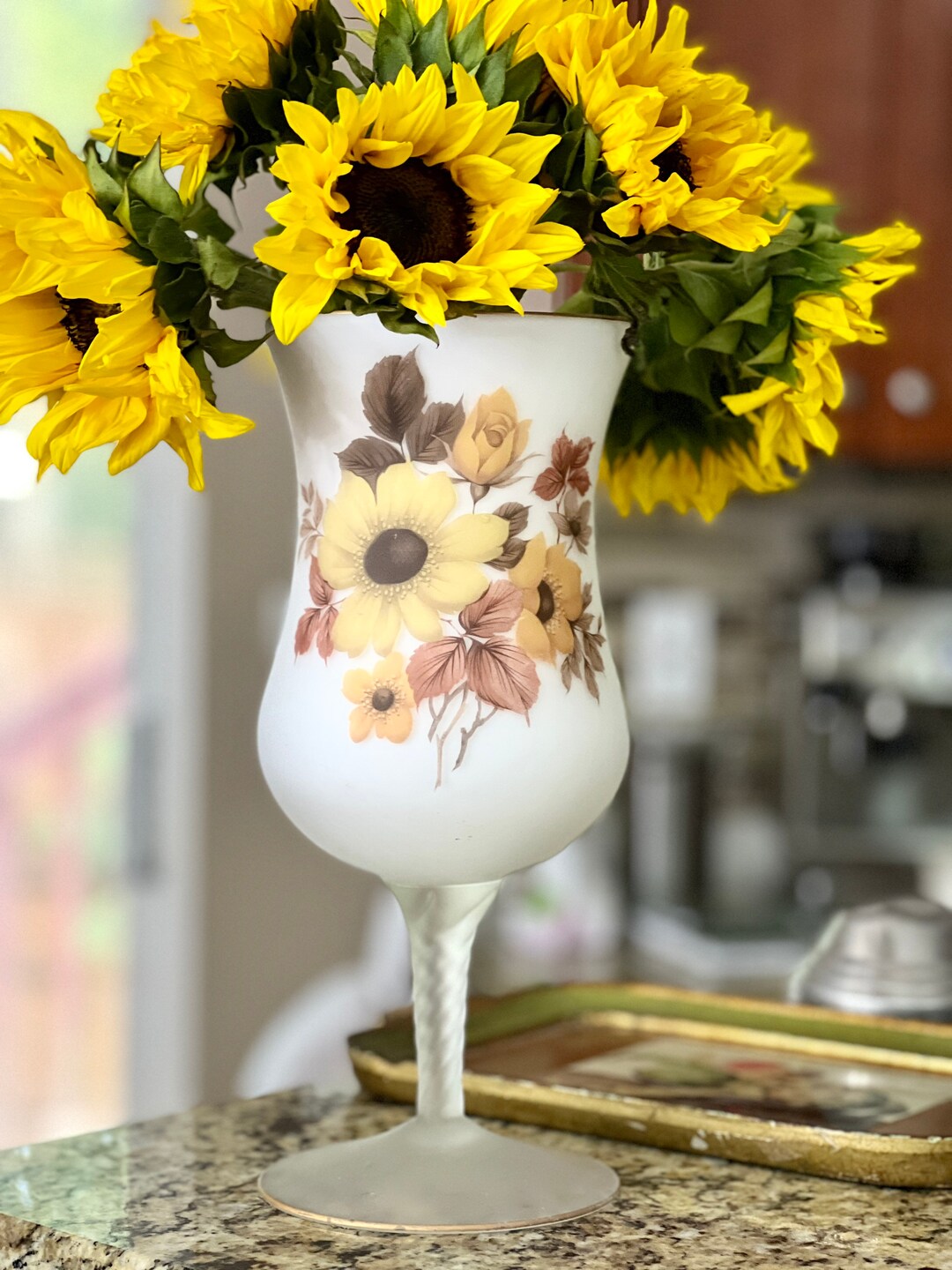 Bristol Glass Pedestal Vase. Mid Century Floral Decorated Satin Glass Vase With Twisted Stem