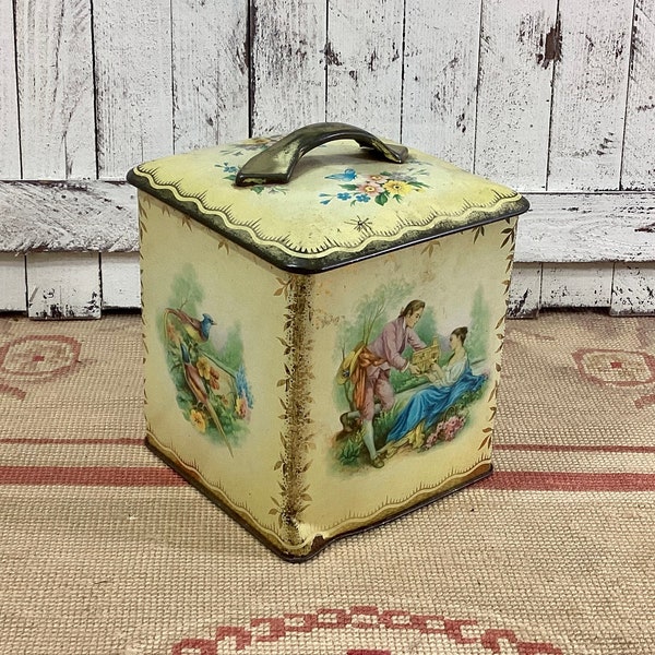 Biscuit tin with blue birds and courting couple, vintage linotype tin with gorgeous decoration, square tin for storage or display,